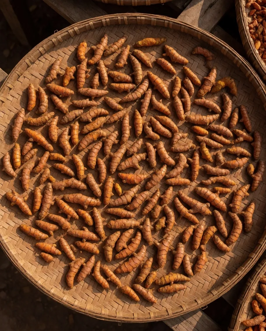 Dried turmeric roots on wooden surface