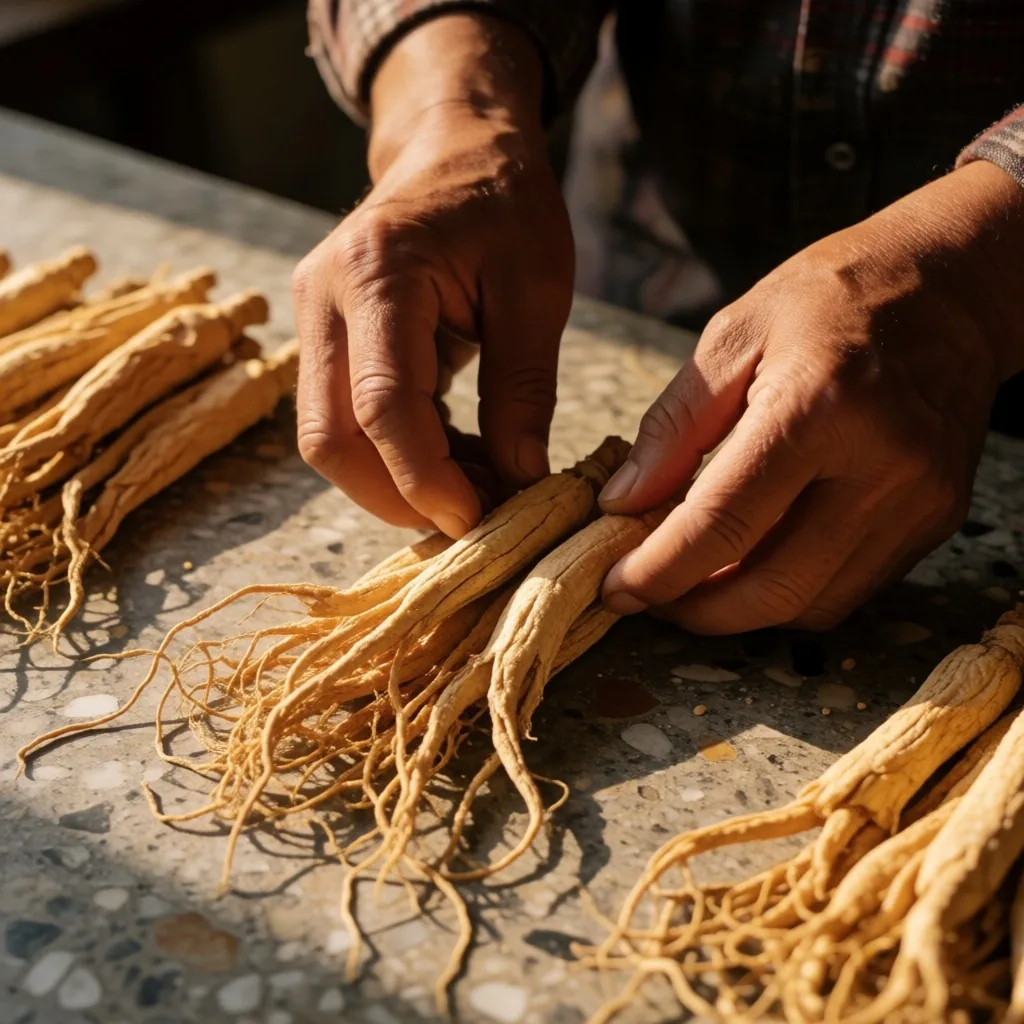 Hands sorting dried ginseng roots on terrazzo